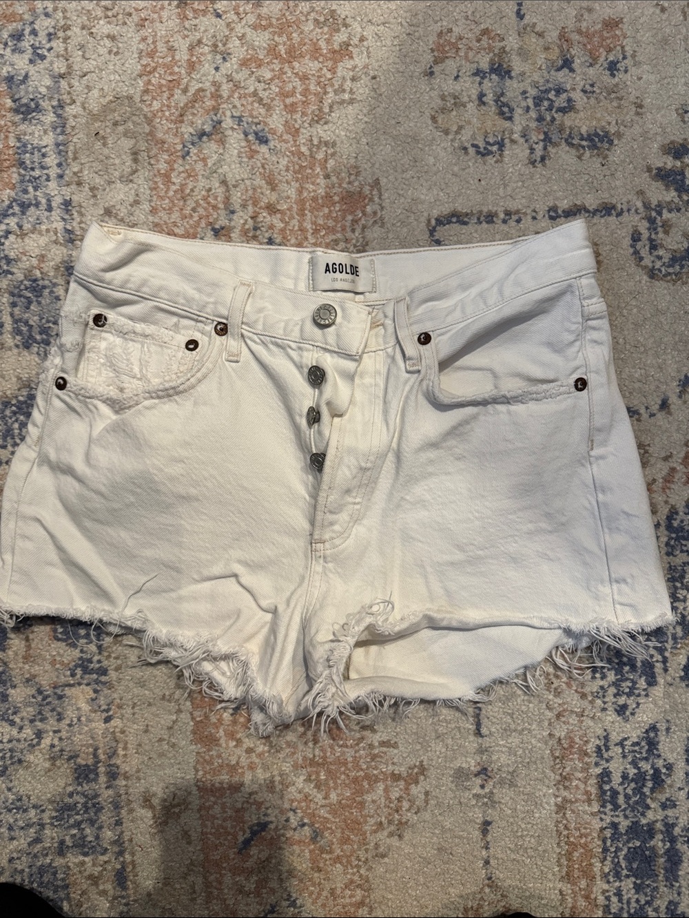 Agolde White Distressed High-Rise Denim Shorts